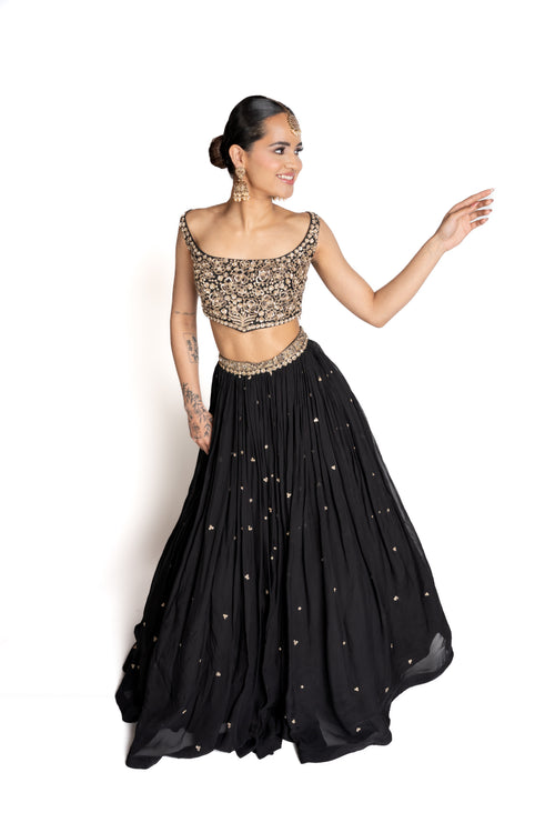 Anaya Black Georgette Lengha with Gold Embroidered Blouse by Well Groomed