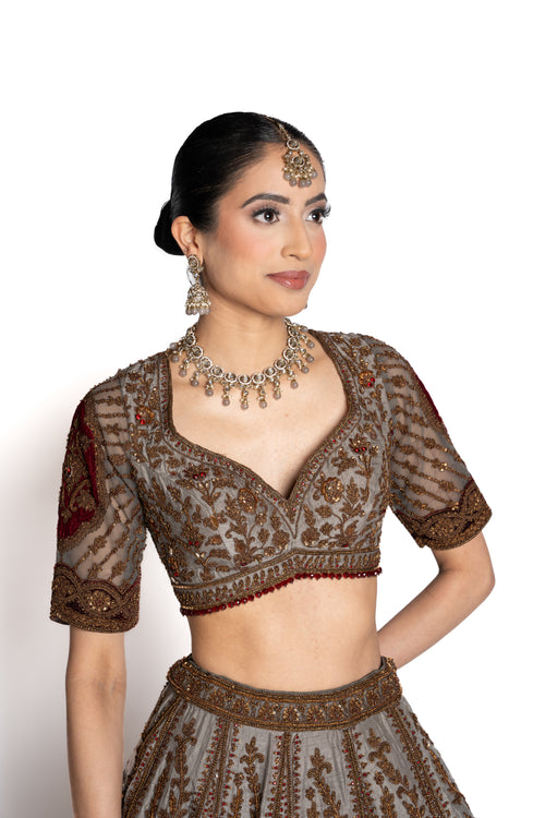 Neelam Grey-Blue and Maroon Velvet Bridal Lengha by Well Groomed