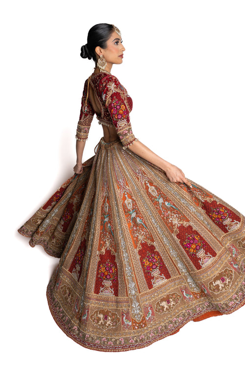 Tisya Burnt Orange and Maroon Zardozi Bridal Lengha by Well Groomed