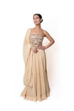 Sheesha Butter Yellow Mirror Work Lengha