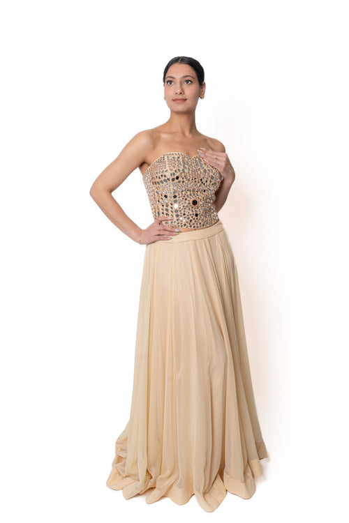 Sheesha Butter Yellow Mirror Work Lengha