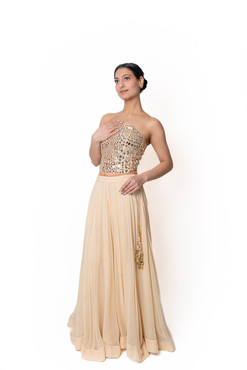 Sheesha Butter Yellow Mirror Work Lengha