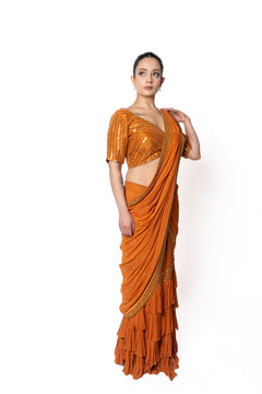 Rust Orange Sikka Sari