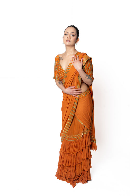 Rust Orange Sikka Sari