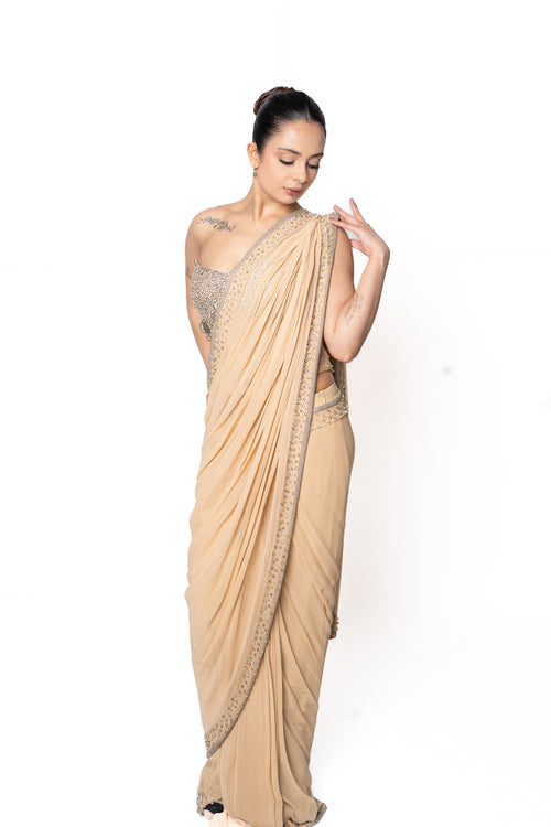 Stone Embroidered Silver and Beige Corset Sari