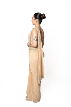 Stone Embroidered Silver and Beige Corset Sari