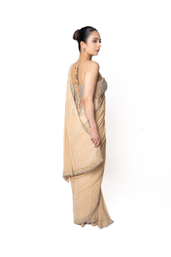 Stone Embroidered Silver and Beige Corset Sari