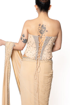 Stone Embroidered Silver and Beige Corset Sari