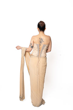 Stone Embroidered Silver and Beige Corset Sari