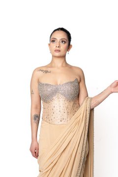 Stone Embroidered Silver and Beige Corset Sari