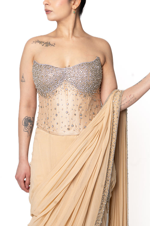 Stone Embroidered Silver and Beige Corset Sari
