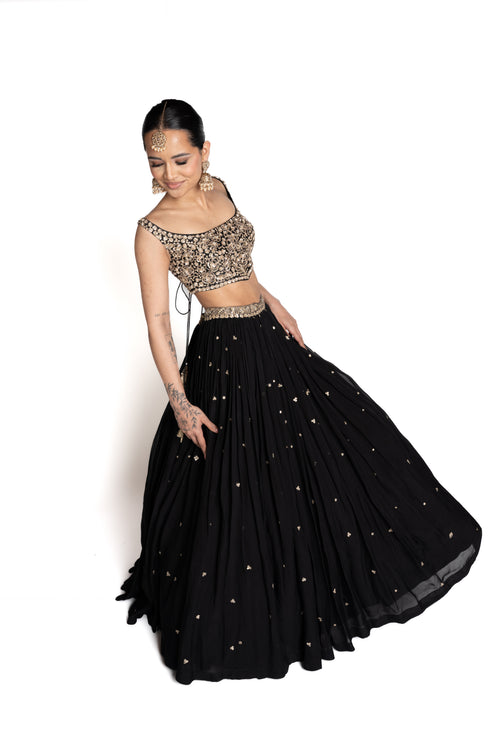 Anaya Black Georgette Lengha with Gold Embroidered Blouse by Well Groomed