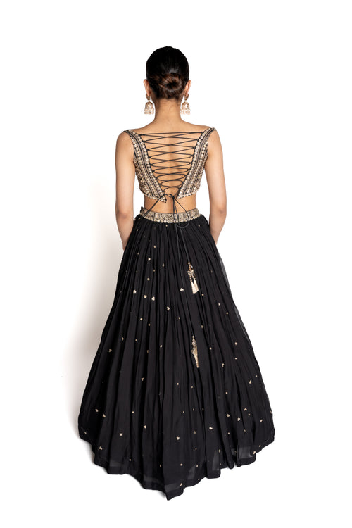 Anaya Black Georgette Lengha with Gold Embroidered Blouse by Well Groomed