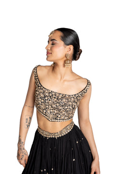 Anaya Black Georgette Lengha with Gold Embroidered Blouse by Well Groomed