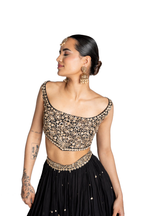 Anaya Black Georgette Lengha with Gold Embroidered Blouse by Well Groomed