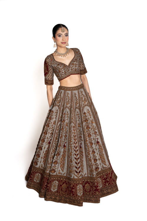 Neelam Grey-Blue and Maroon Velvet Bridal Lengha by Well Groomed