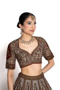 Neelam Grey-Blue and Maroon Velvet Bridal Lengha by Well Groomed