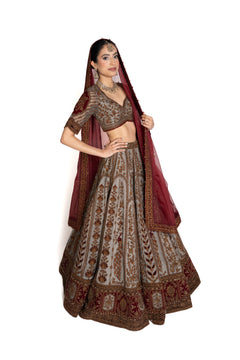 Neelam Grey-Blue and Maroon Velvet Bridal Lengha by Well Groomed