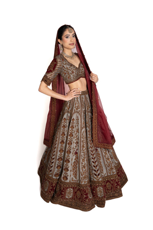 Neelam Grey-Blue and Maroon Velvet Bridal Lengha by Well Groomed