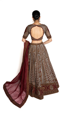 Neelam Grey-Blue and Maroon Velvet Bridal Lengha by Well Groomed