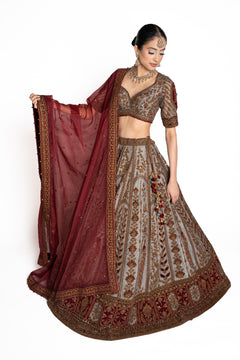 Neelam Grey-Blue and Maroon Velvet Bridal Lengha by Well Groomed