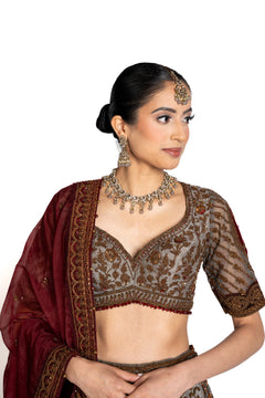 Neelam Grey-Blue and Maroon Velvet Bridal Lengha by Well Groomed