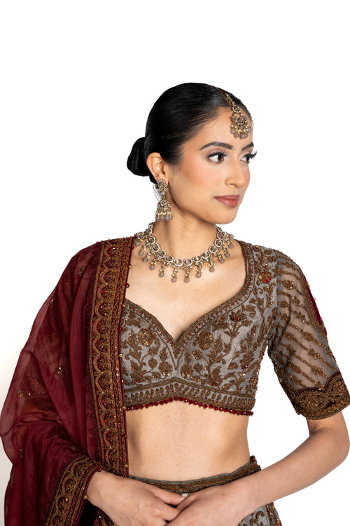 Neelam Grey-Blue and Maroon Velvet Bridal Lengha by Well Groomed