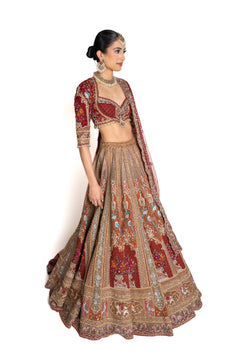 Tisya Burnt Orange and Maroon Zardozi Bridal Lengha by Well Groomed