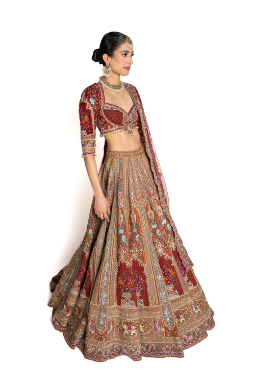 Tisya Burnt Orange and Maroon Zardozi Bridal Lengha by Well Groomed