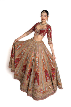 Tisya Burnt Orange and Maroon Zardozi Bridal Lengha by Well Groomed