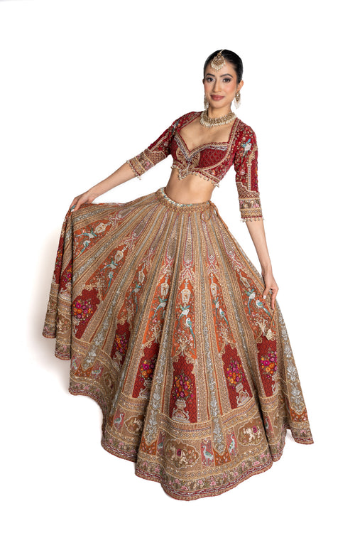 Tisya Burnt Orange and Maroon Zardozi Bridal Lengha by Well Groomed