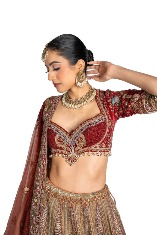 Tisya Burnt Orange and Maroon Zardozi Bridal Lengha by Well Groomed
