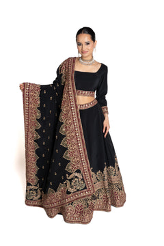 Divya Black, Gold, and Red Crepe Lengha by Well Groomed