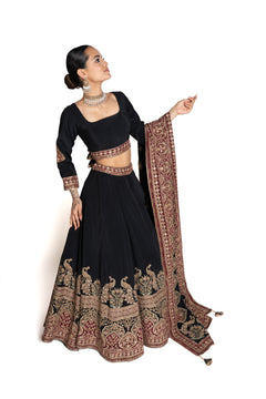 Divya Black, Gold, and Red Crepe Lengha by Well Groomed