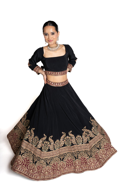 Divya Black, Gold, and Red Crepe Lengha by Well Groomed