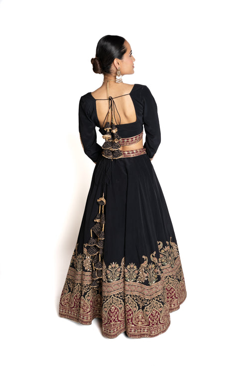 Divya Black, Gold, and Red Crepe Lengha by Well Groomed