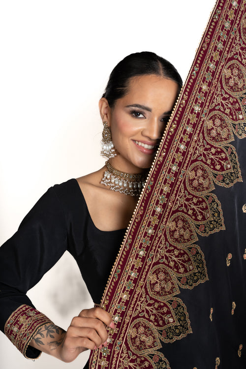 Divya Black, Gold, and Red Crepe Lengha by Well Groomed