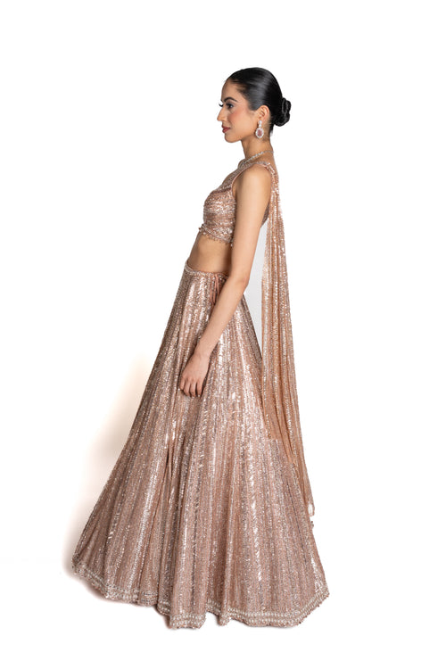 Sitara Rose Gold Sequin Bridal Lengha by Well Groomed