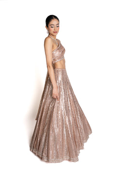 Sitara Rose Gold Sequin Bridal Lengha by Well Groomed