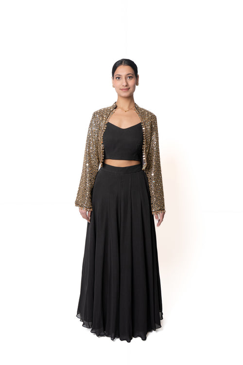 Sheesha Black Lengha With Mirror Embroidered Jacket