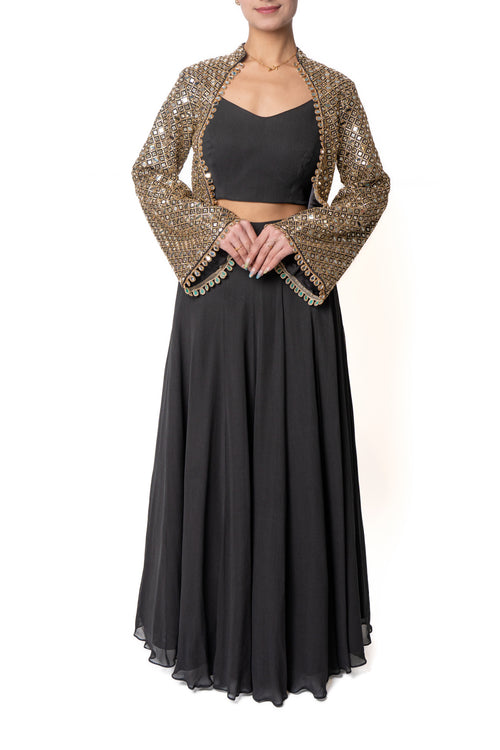 Sheesha Black Lengha With Mirror Embroidered Jacket