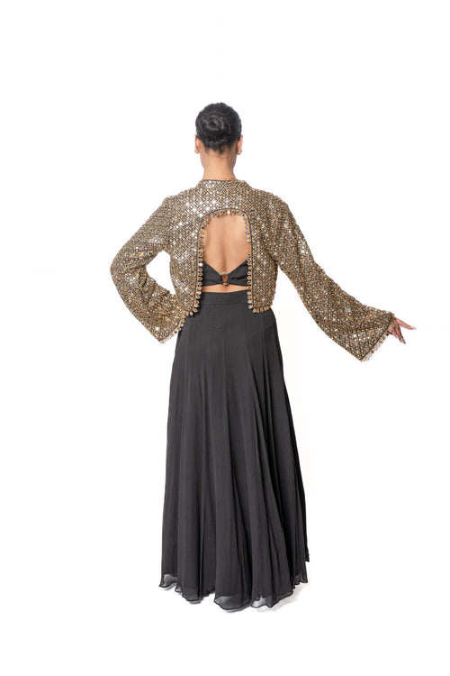 Sheesha Black Lengha With Mirror Embroidered Jacket