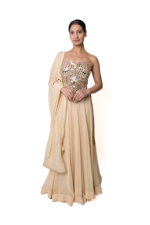Sheesha Butter Yellow Mirror Work Lengha
