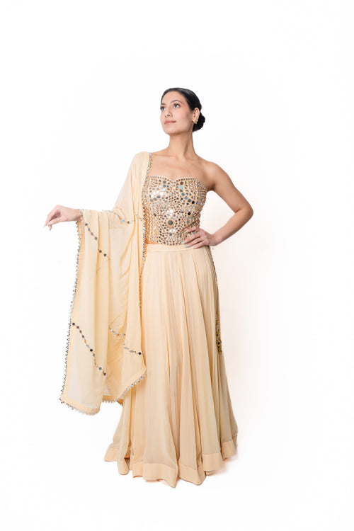 Sheesha Butter Yellow Mirror Work Lengha