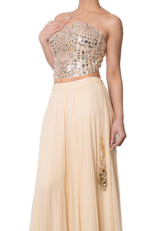 Sheesha Butter Yellow Mirror Work Lengha