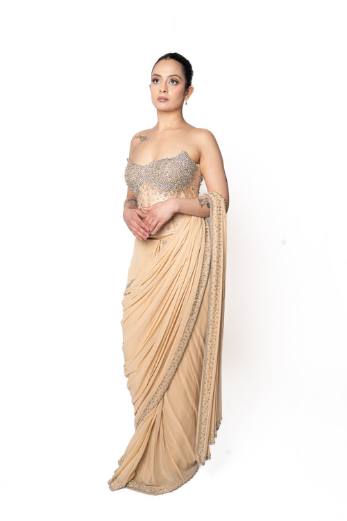 Stone Embroidered Silver and Beige Corset Sari