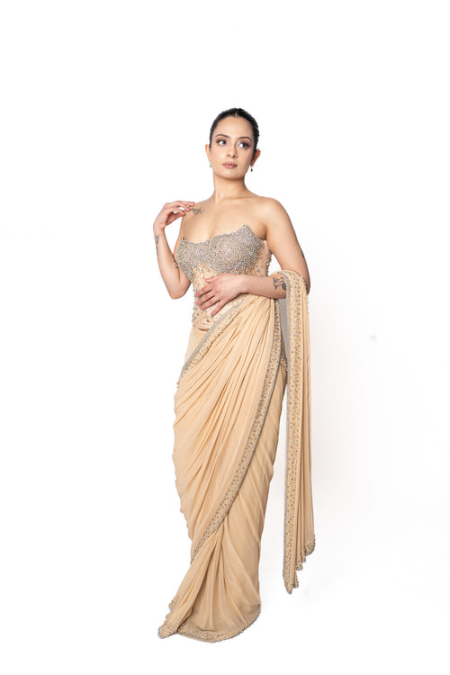 Stone Embroidered Silver and Beige Corset Sari