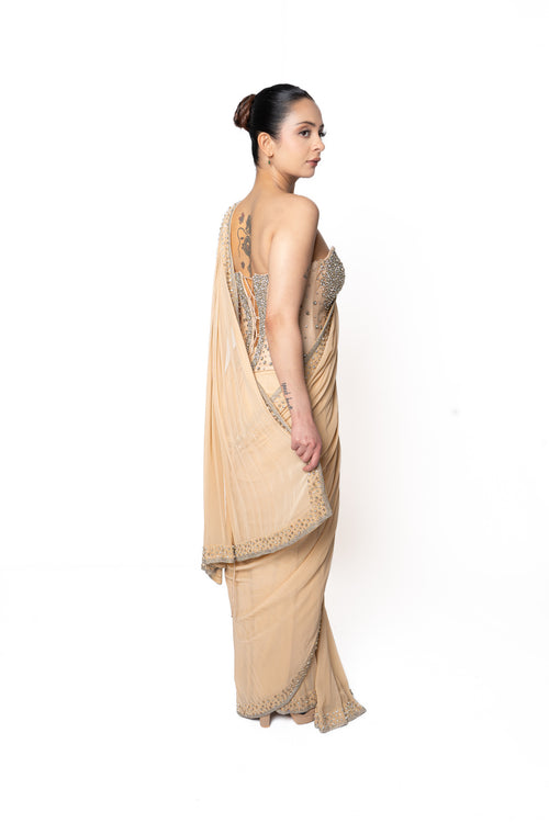 Stone Embroidered Silver and Beige Corset Sari