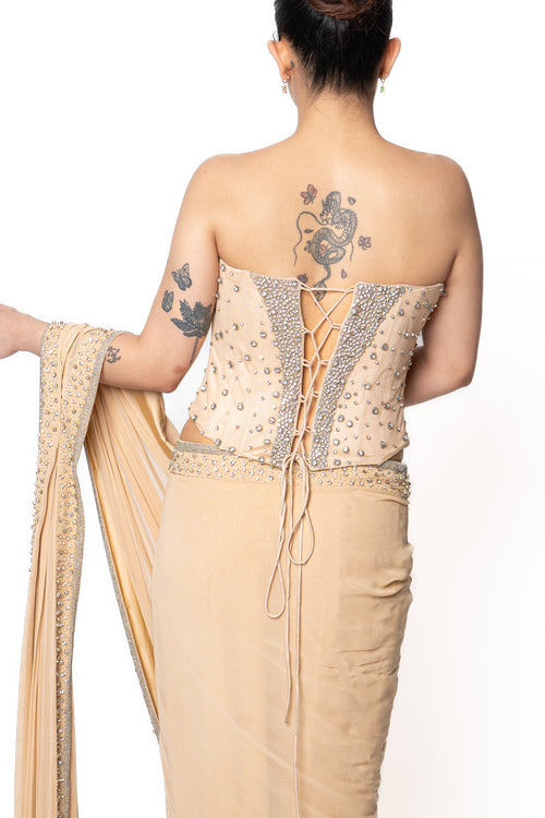 Stone Embroidered Silver and Beige Corset Sari