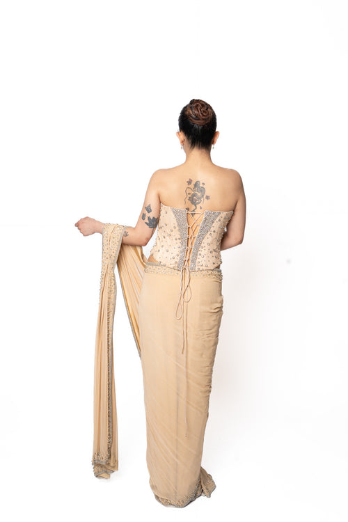 Stone Embroidered Silver and Beige Corset Sari